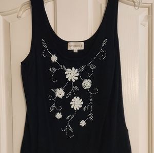 Studio I sleeveless navy blue top with beaded floral pattern